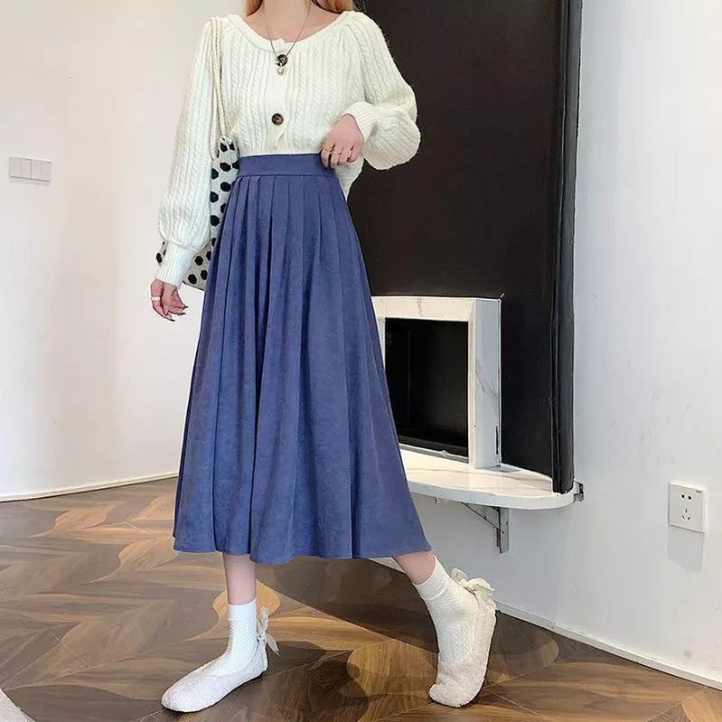 Vintage Brown High Waist Pleated Skirt Women Korean Fashion College Style Long Skirt Ladies Autumn Casual A line Skirts Blue