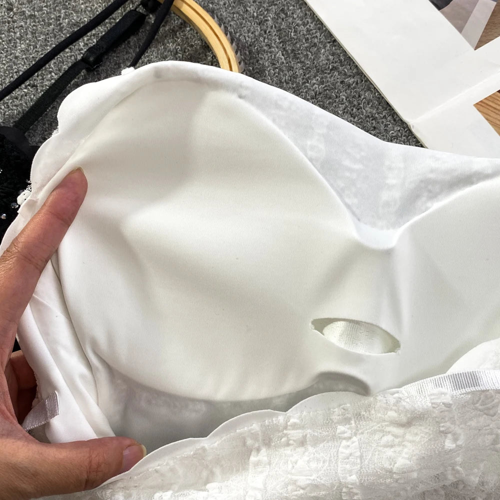 Chic Glitter Sequins Lace Camis Sexy Backless Korean Fashion Tank Top Slim Bustier Summer Women Party Club Crop Top Streetwear