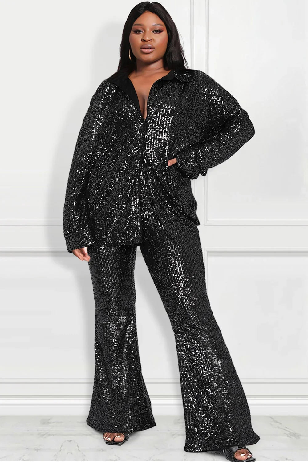 Plus Size Women Two Piece Set Sequin Flare Sleeve V-Neck Tops and Wide Leg Pants Outfits Party Club Streetwear Matching Sets