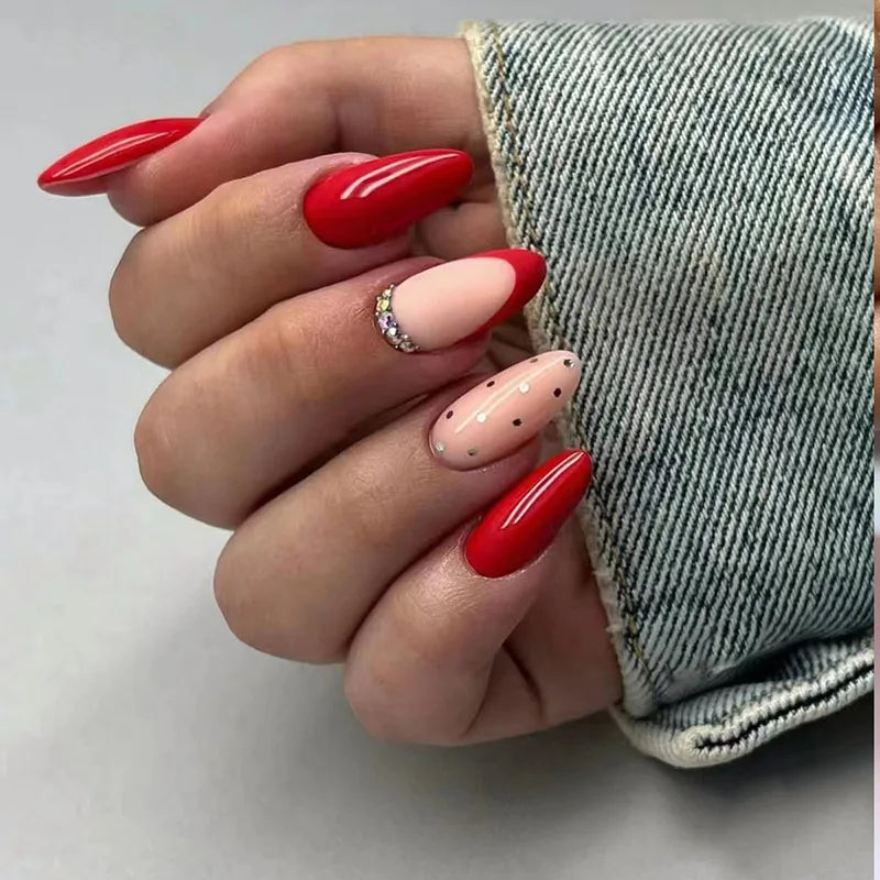24Pcs Short Almond Fake Nail with Line Design Simple Red False Nails Wearable Fashion Full Cover Nail Art Tips Press on Nails