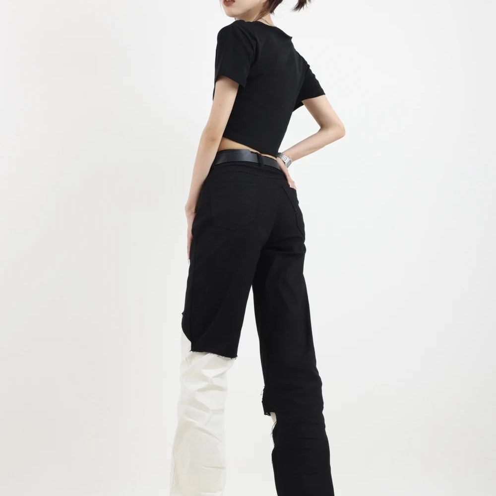 Contrast Color Ripped Jeans Pant for Women Autumn New Loose Straight Wide Leg Demin Pants Jeans Y2k Women Pants High Waist