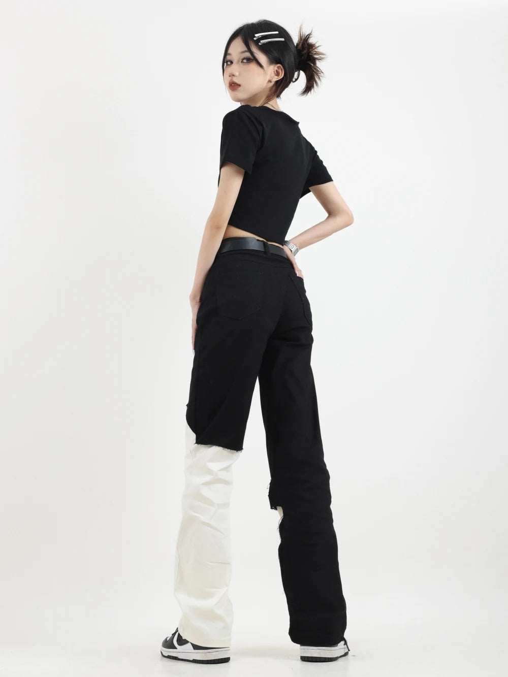 Contrast Color Ripped Jeans Pant for Women Autumn New Loose Straight Wide Leg Demin Pants Jeans Y2k Women Pants High Waist