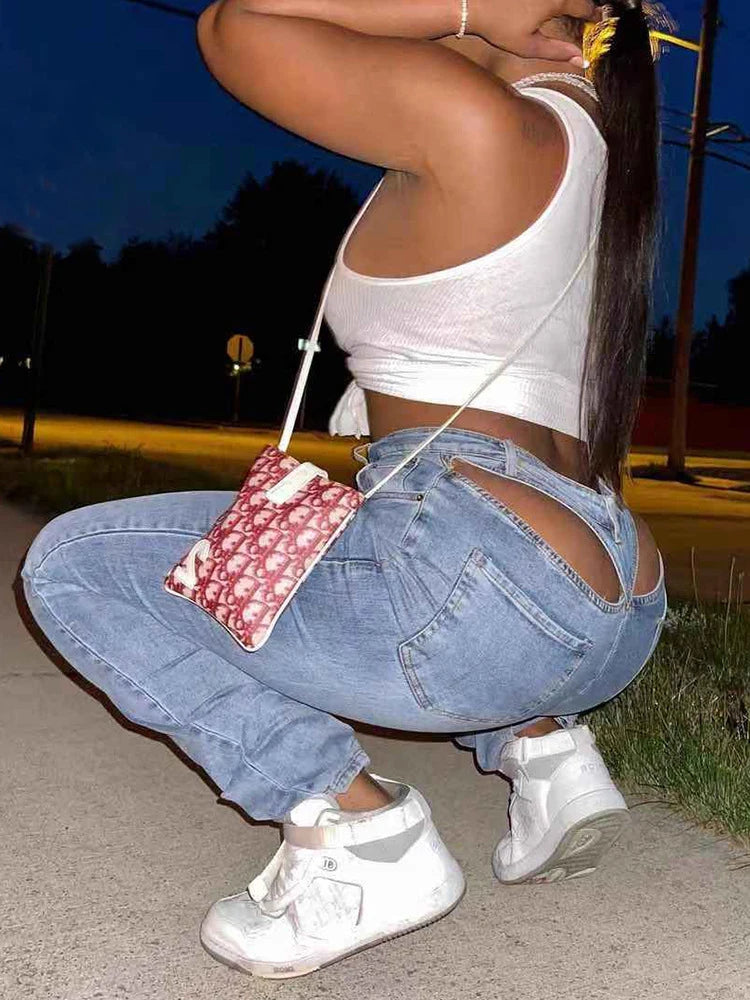 Cut Out Tight Pencil Jeans Women Denim Streetwear High Waist Vintage Wash Skinny Long Trousers Fairycore Grunge Pants