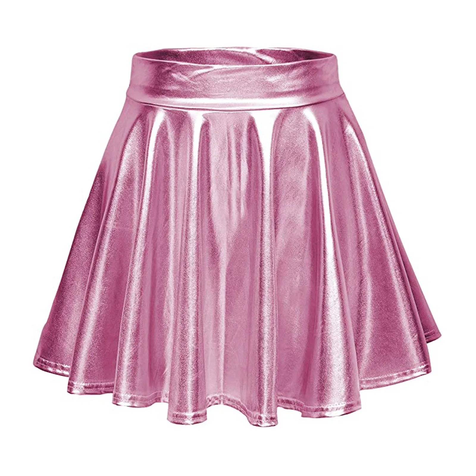 Women Shiny Metallic Pleated Skirt Stretchy High Waist A-Line Mini Skirts for Carnival Party Performance Nightclub Rave Dance Pink