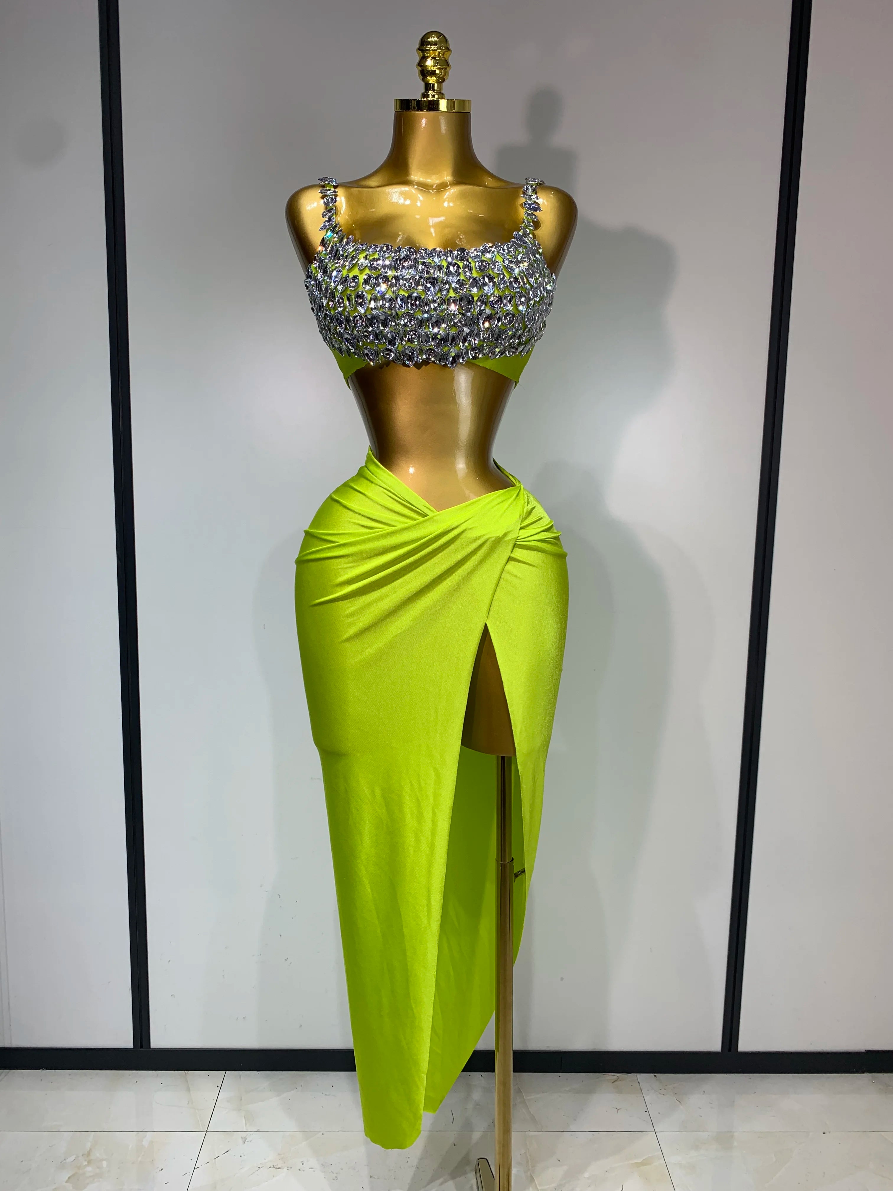 Women Sexy Sparkly Rhinestone Two Pieces Set Stretched Nightclub Skirt Suits Birthday Singer Dancer Stage Performance Costume