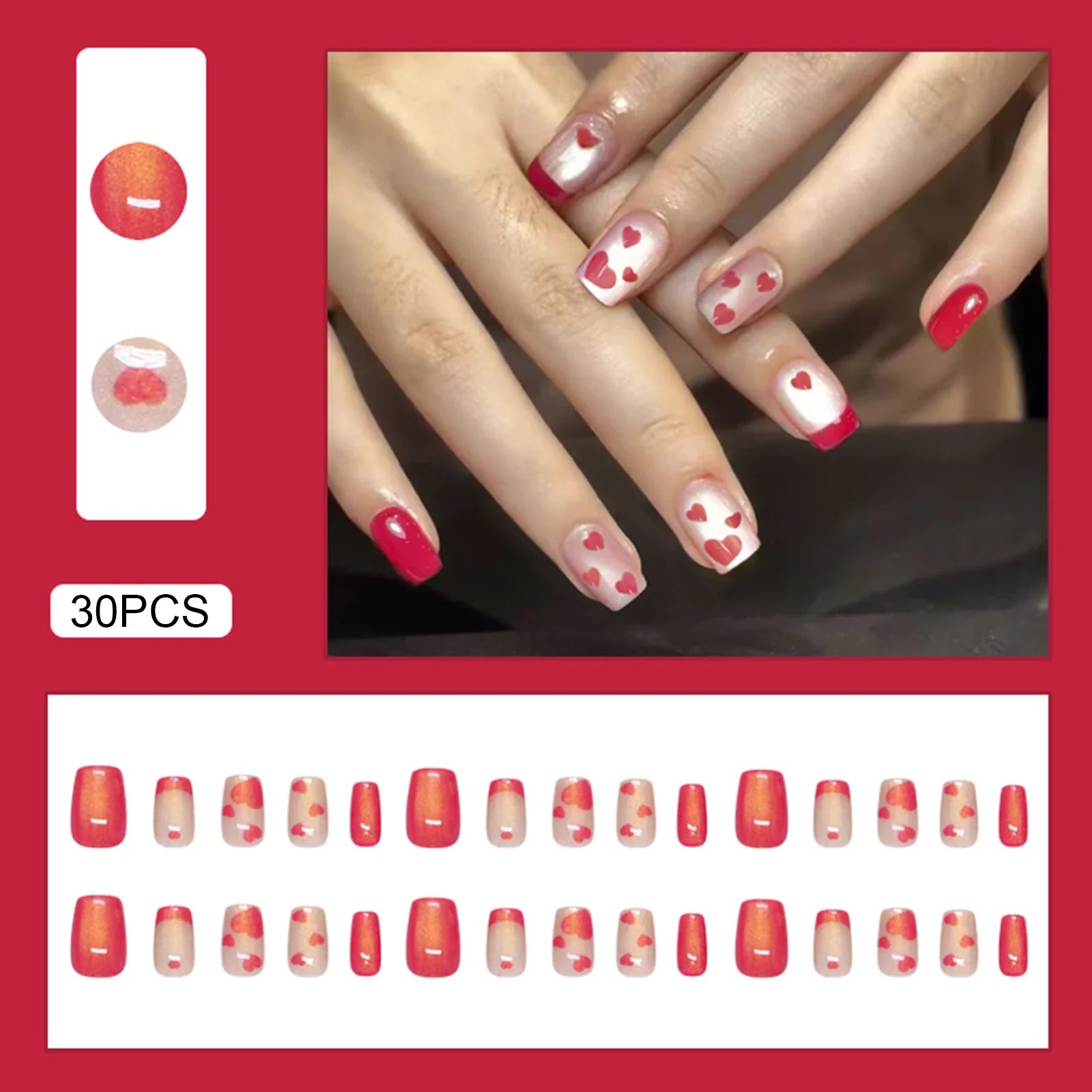 Glossy Pink French Fake Nails 30Pcs Short Square Press On Nails Love Heart Printed Detachable Charm Manicure Nails Supplies