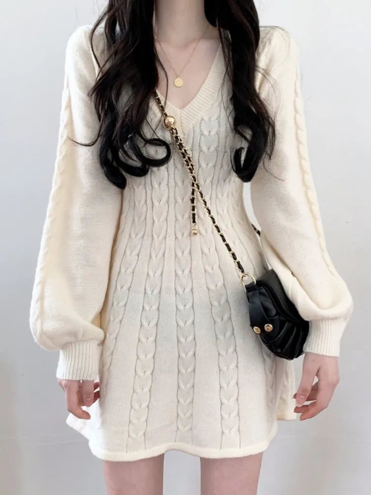 Knit Knitted Sweater Mini Dress Women Casual Lantern Sleeve Short Dresses Autumn Winter V-neck Outfits Female