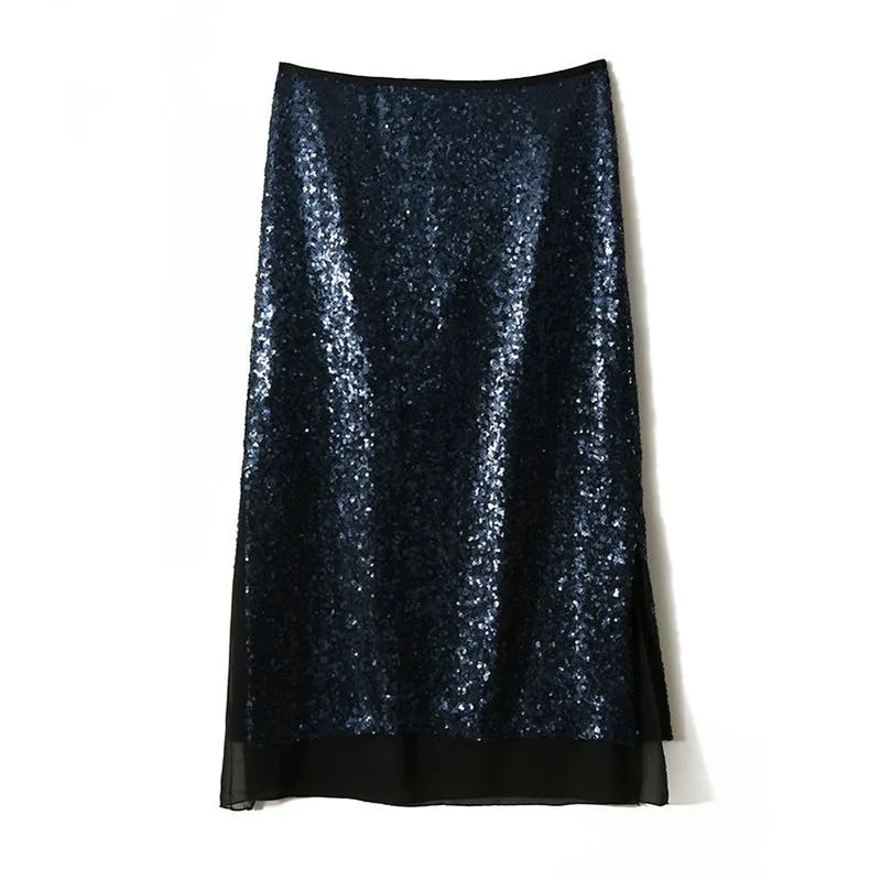 Early Spring New Women's Elastic High Waist Elegant Sequined Spliced Gauze Slim Fit Versatile Split Flattering A-line Skirt