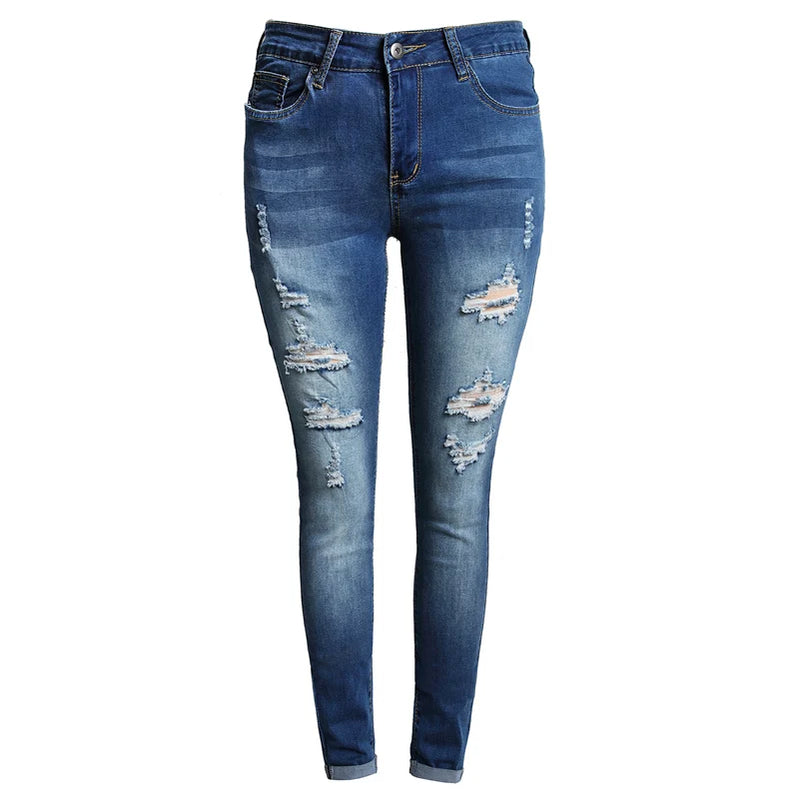 Women Fashion High Waist Stretch Ripped Jeans Lady Y2K Pencil Denim Pants Streetwear Tight Narrow Leg Mom Casual Skinny Trousers Blue