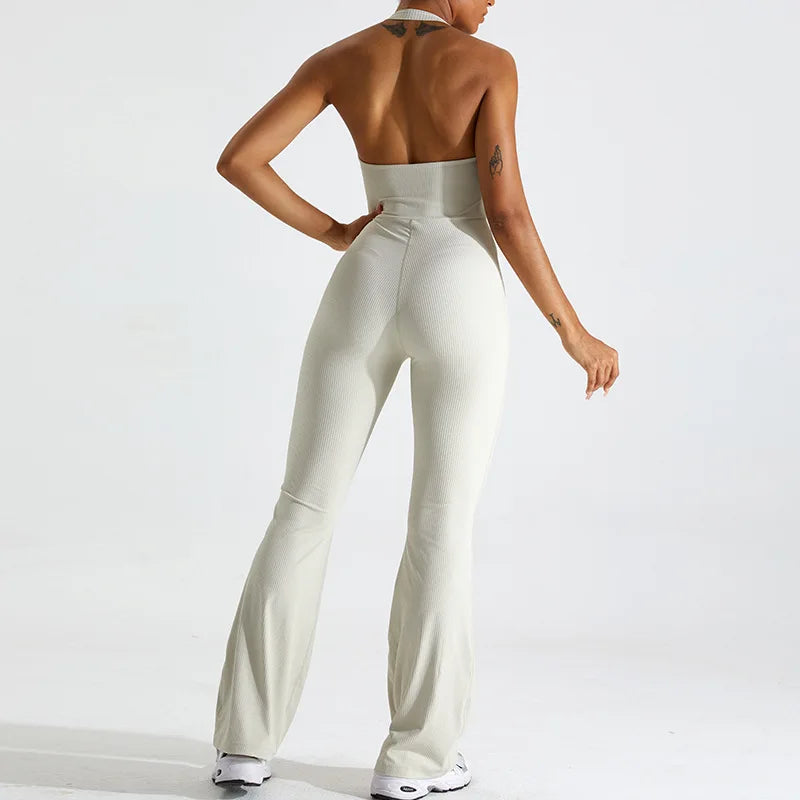 Women's Sportswear Hanging Neck Without Sleeves Yoga Suit Gym Push Ups Fitness Workout Bodysuit Quick Drying Yoga One Piece Rock white CHINA