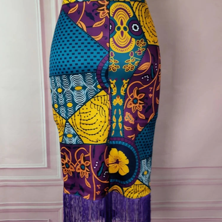 Women Summer Print Skirt Vintage Floral African Fashion High Waist Tassel Classy Modest Elegant Retro Jupes Falads Drop Shipping