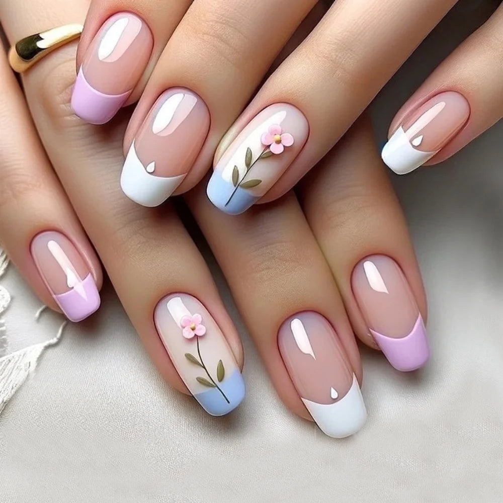 24pcs Flower Full Cover Nail with Pearl Design Mid-length Ballet False Nails Press on Square Fake Nail Tip Wearable Manicure Set