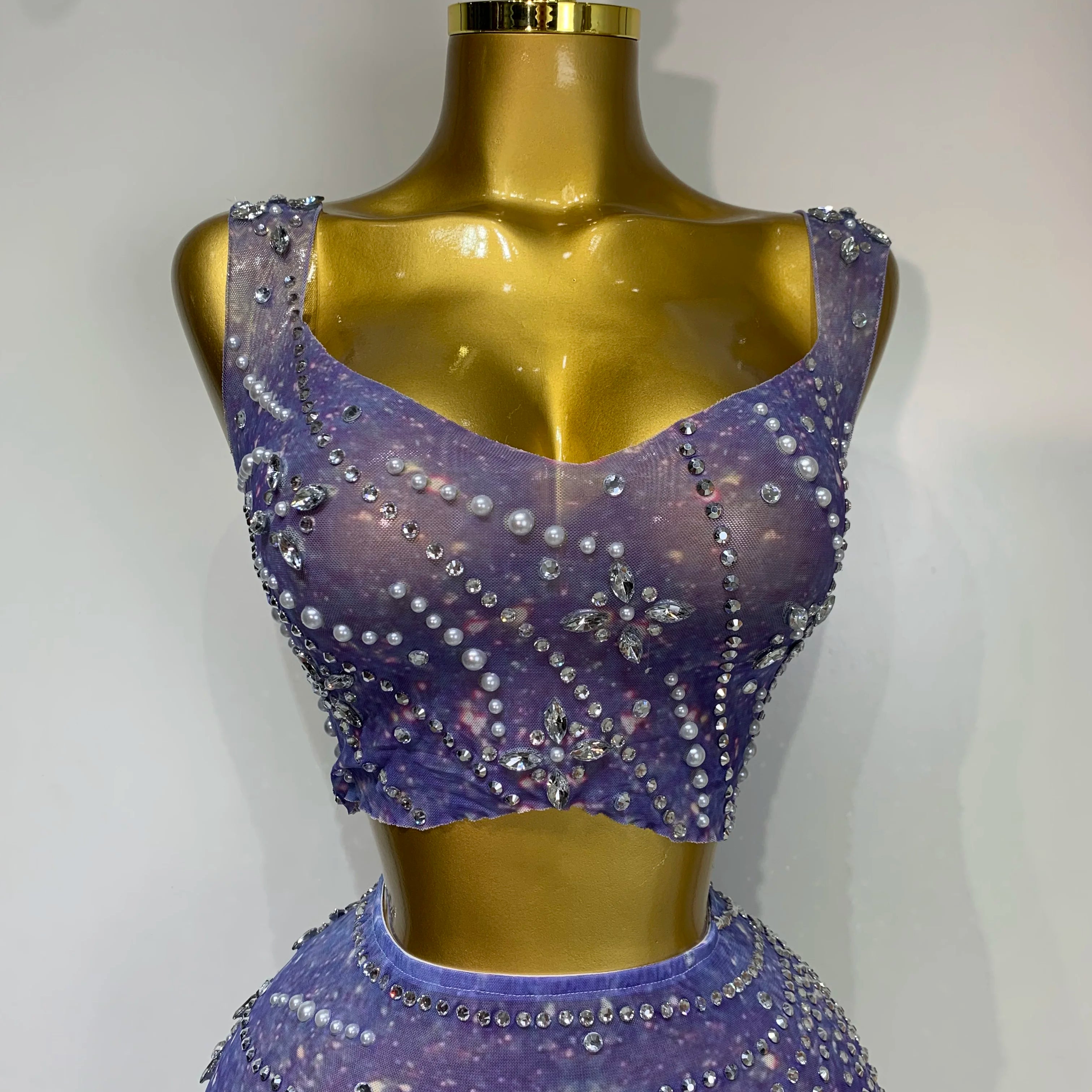 Sparkly Rhinestones Top Long Skirt Two Pieces Set Women Celebirty Luxury Birthday Dress Nightclub Stage Performance Costume