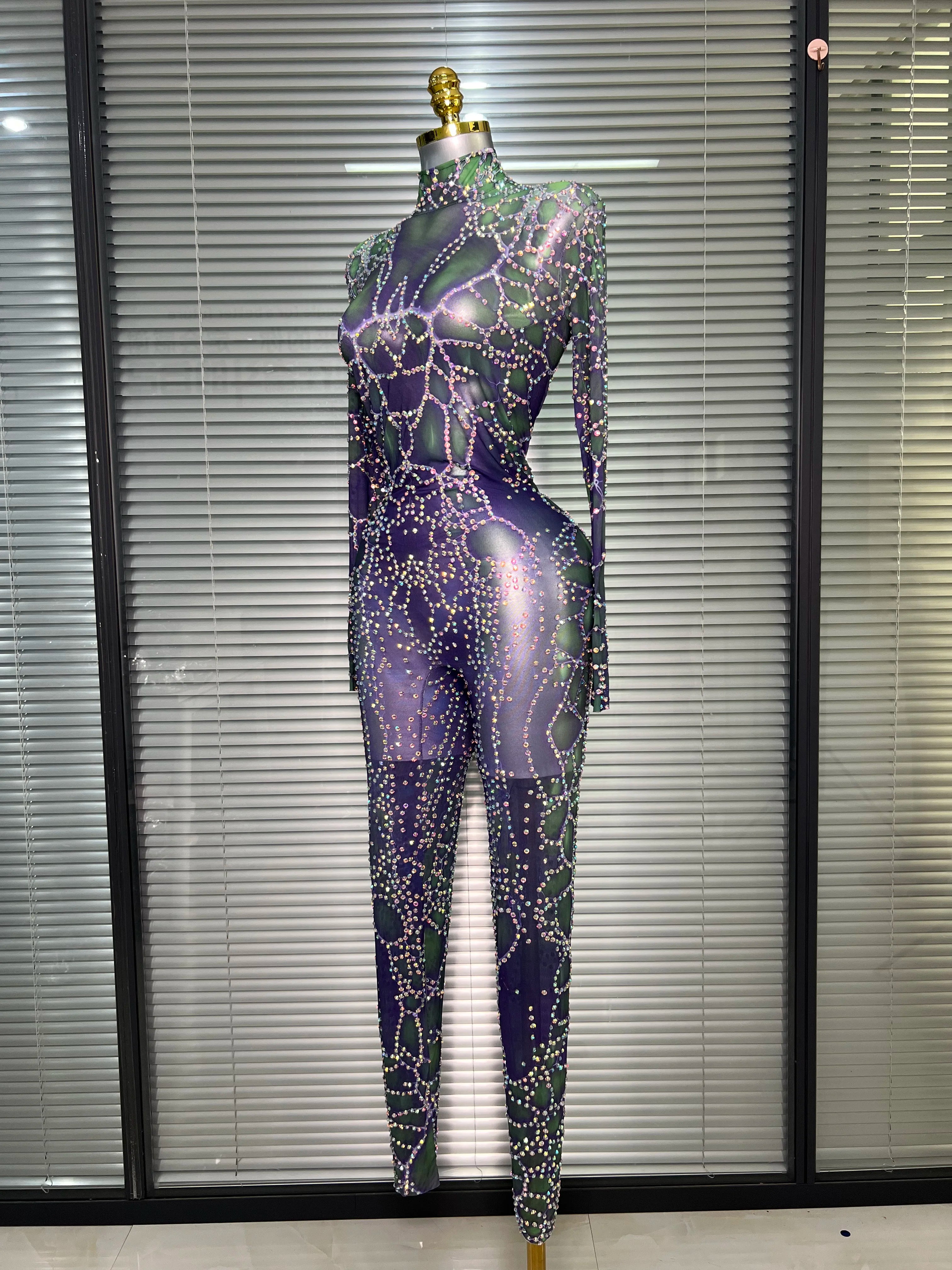 Women Sexy Crystal Sheer Printed Bodycon Jumpsuit Celebrity Designer Dancer See Through Night Club Rompers