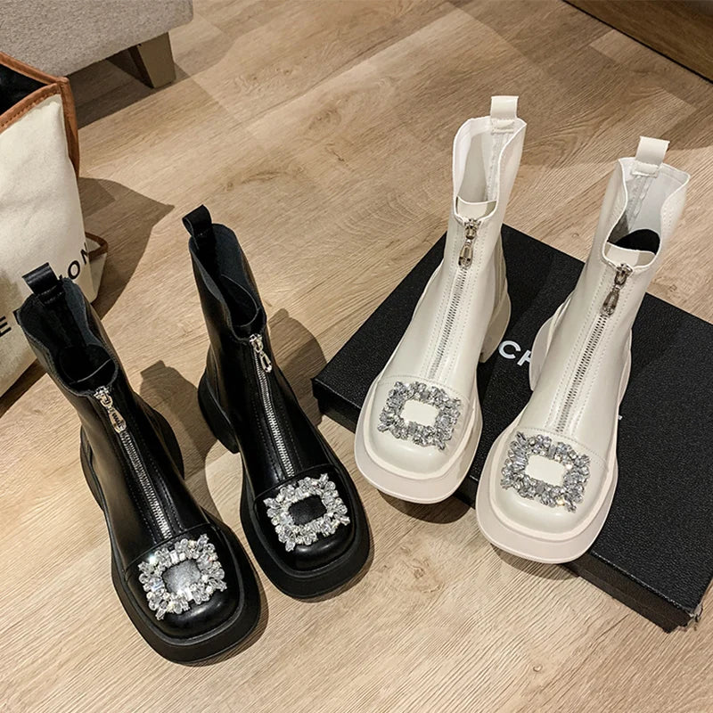 Fashion Crystal Chelsea Boots Women Shoes Spring Summer Ankle Boots Zipper Chunky Snow Punk Goth Gladiator Lady Shoes