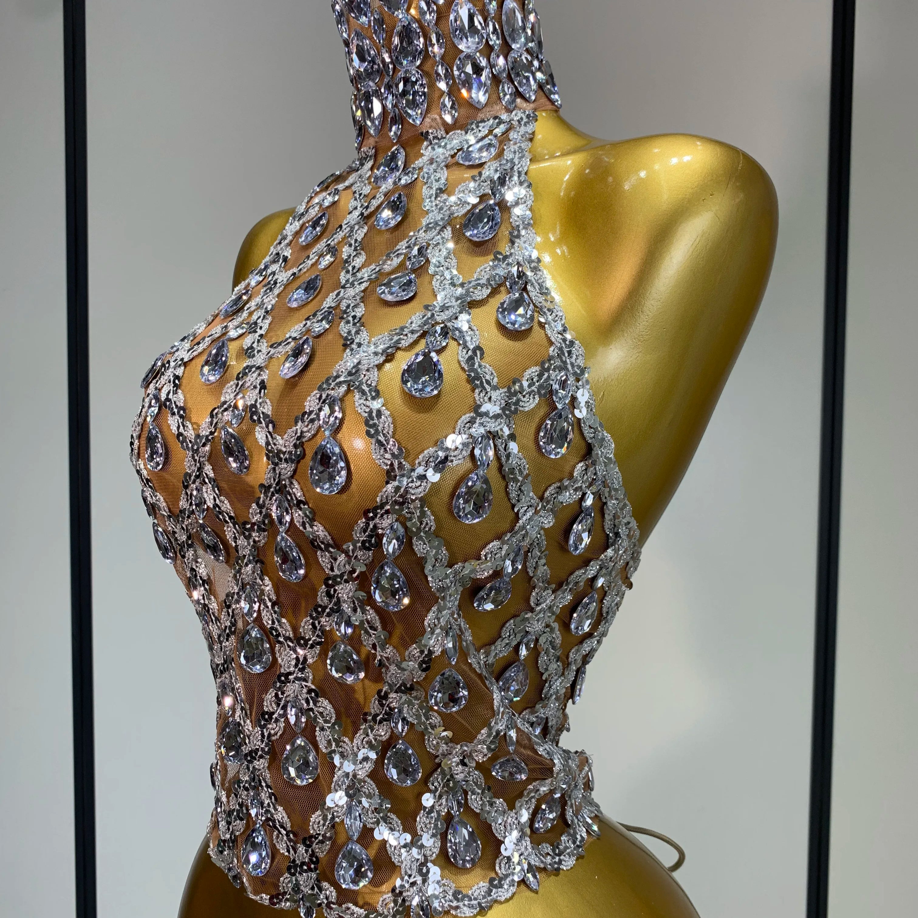 Sparkly Slver Rhinestone Sequins Mesh See Through Top Women Sexy Nightclub Evening Party Backless Spicy Girl Stage Outfit