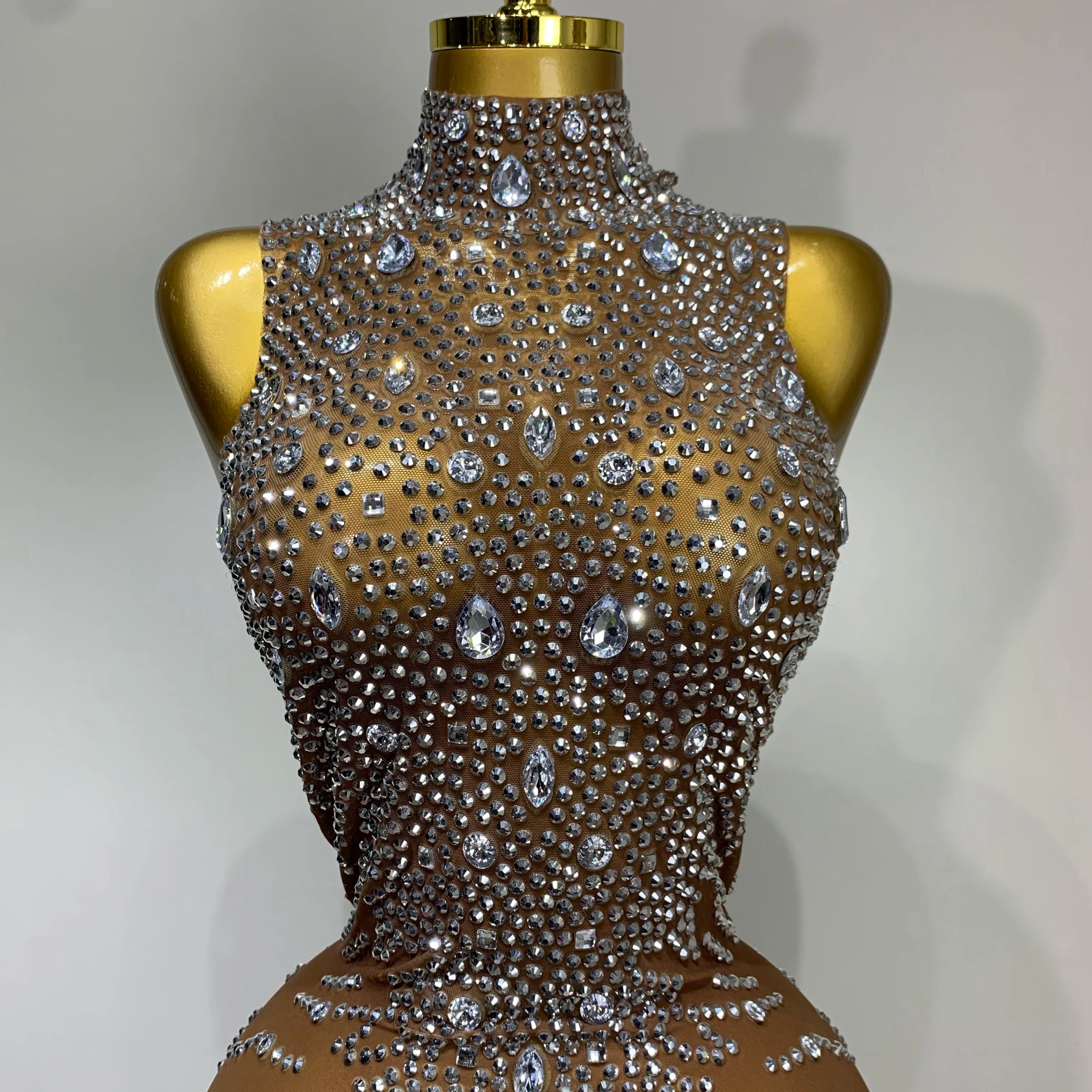 Luxury Rhinestones Jumpsuit Women Sexy Mesh See Through Performance Dance Costume Celebrate Club Birthday Party Stage Outfit