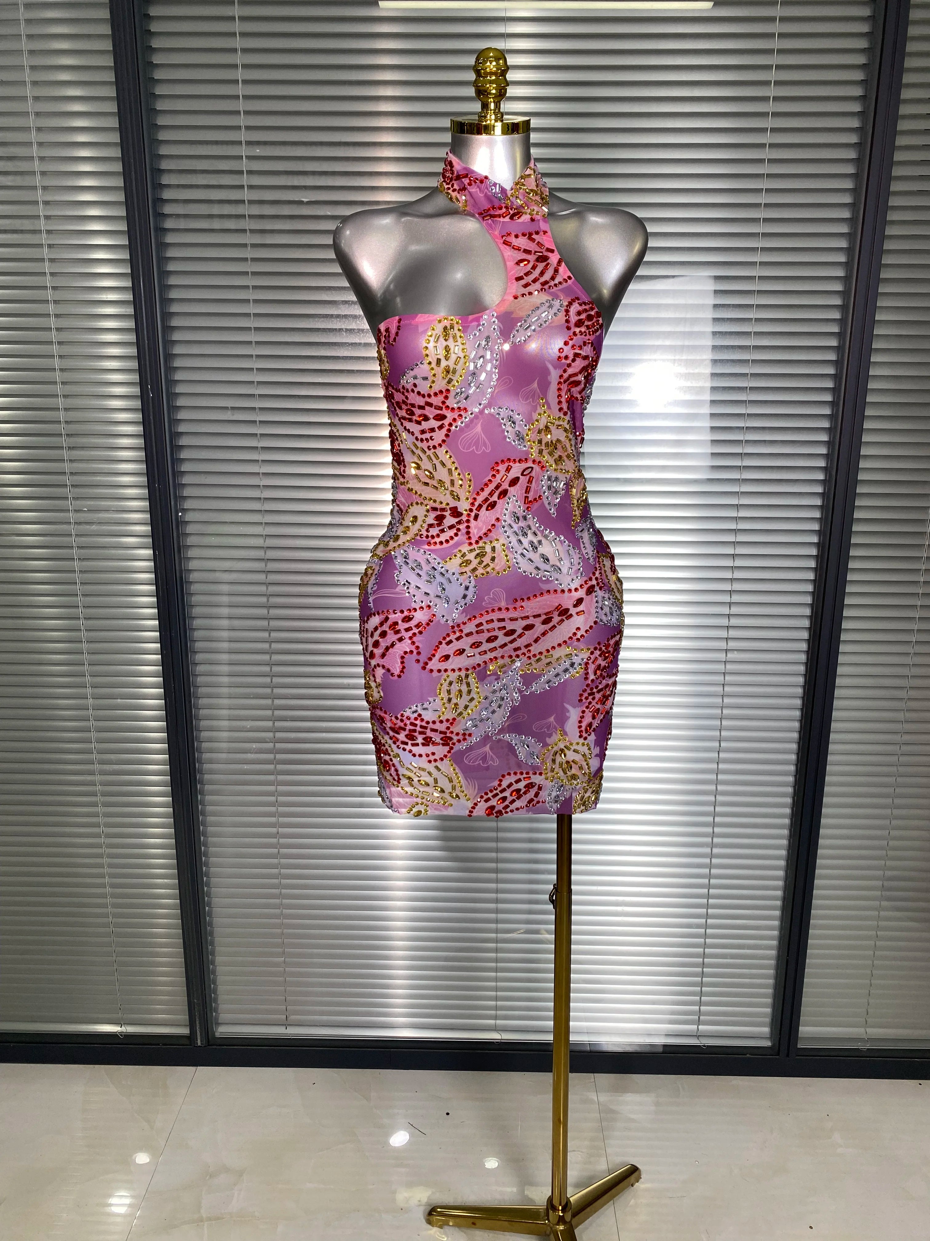 Celebrity New Women Sexy Printed Mesh Sheer Crystal Rhinestones Halter Stage Costume Stage Dancer Night Club Mini Party Dress