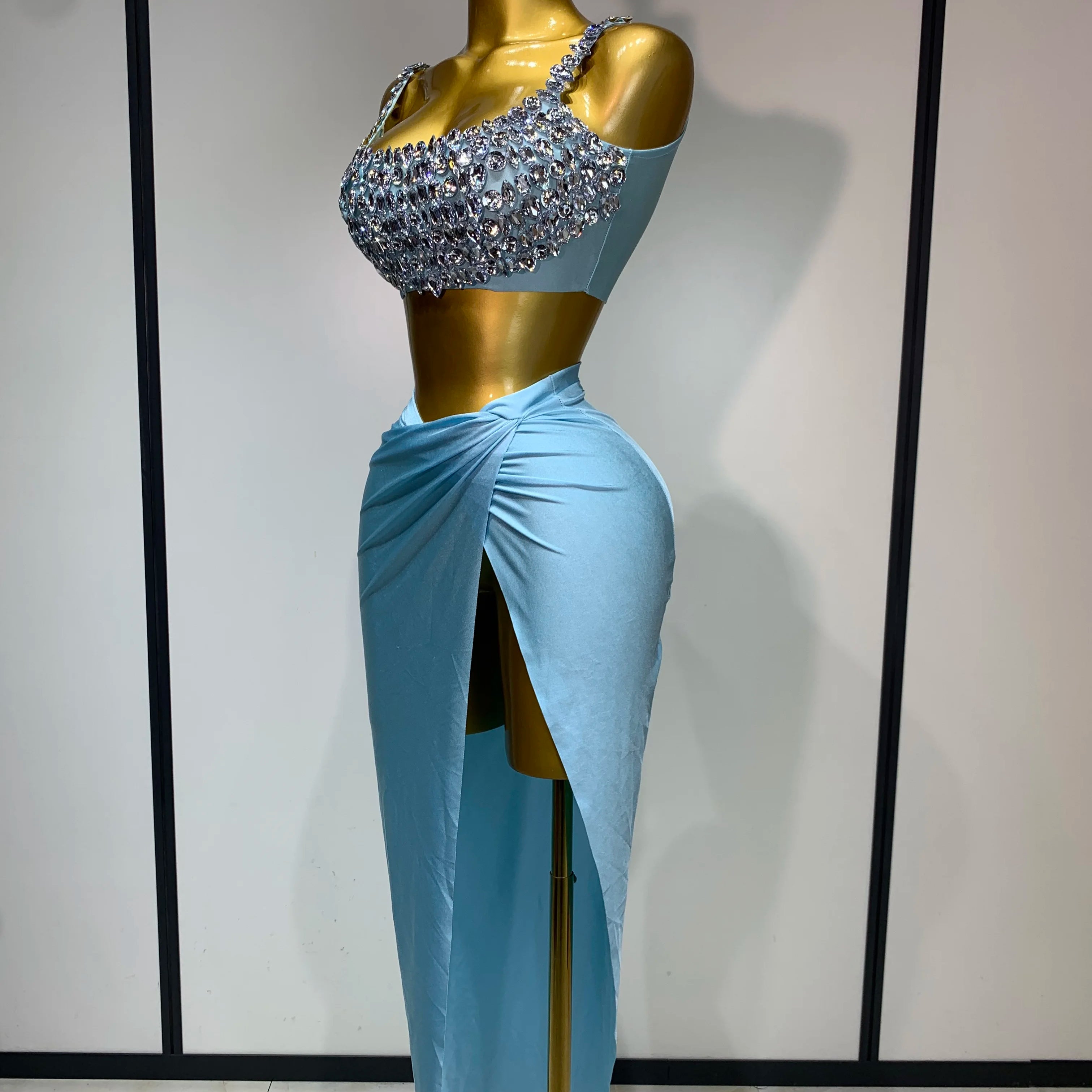 Women Sexy Stretched Crystal Diamonds Two Pieces Set Nightclub Singer Dancer Sparkly Stage Costume Evening Party Birthday Gowns