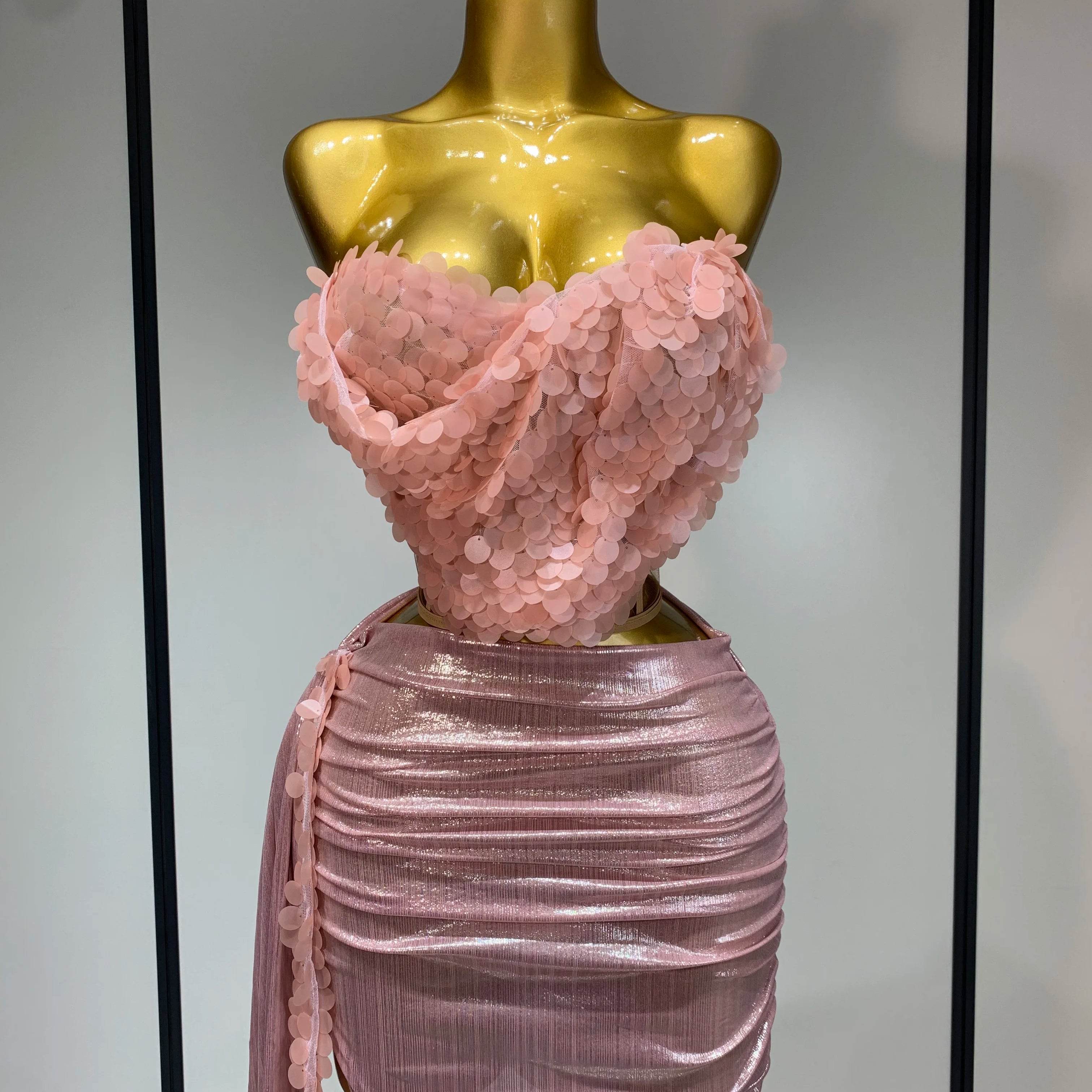 Sparkly Sequin Two Piece Set Sexy Strapless Backless Women's Outfit Evening Party Nightclub Stage Performance Dance Costume