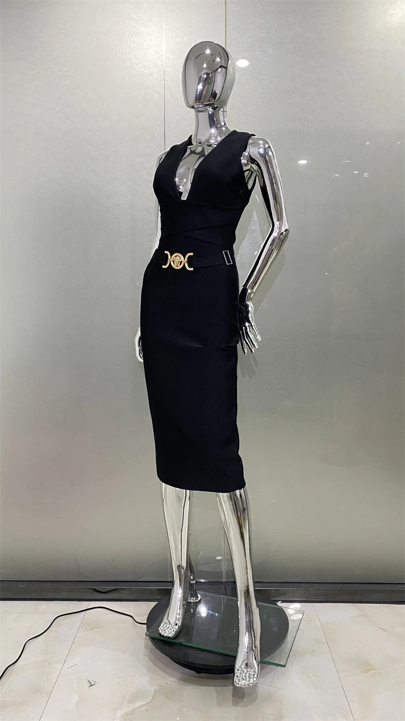 Women Sleeveless Sexy V-Neck Bodycon Midi Bandage Dress Fashion Celebrate Nightclub Party Birthday Dress
