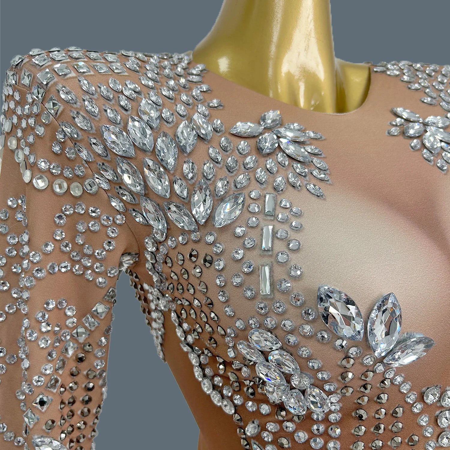 Sparkly Silver Big Rhinestone Sheer Mesh Evening Dress Birthday Celebrate Party Luxurious Costume fof Women Prom Dress Liushu