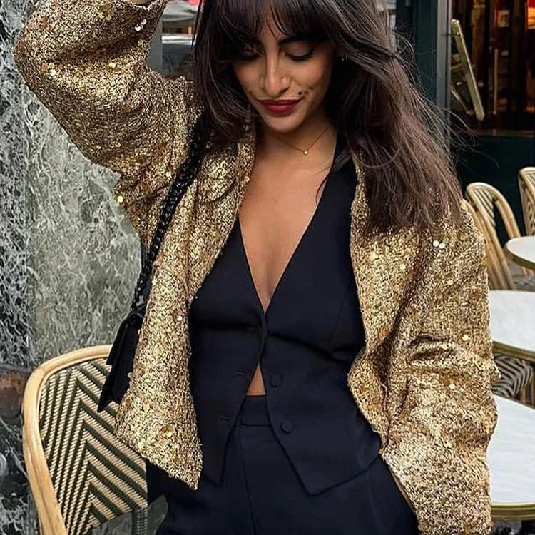 TRAFZA Women Fashion Shiny Sequin Jacket Y2k Gold Color Stand Collar Long Sleeve Short Coat Autumn Winter Ladies High Streetwear