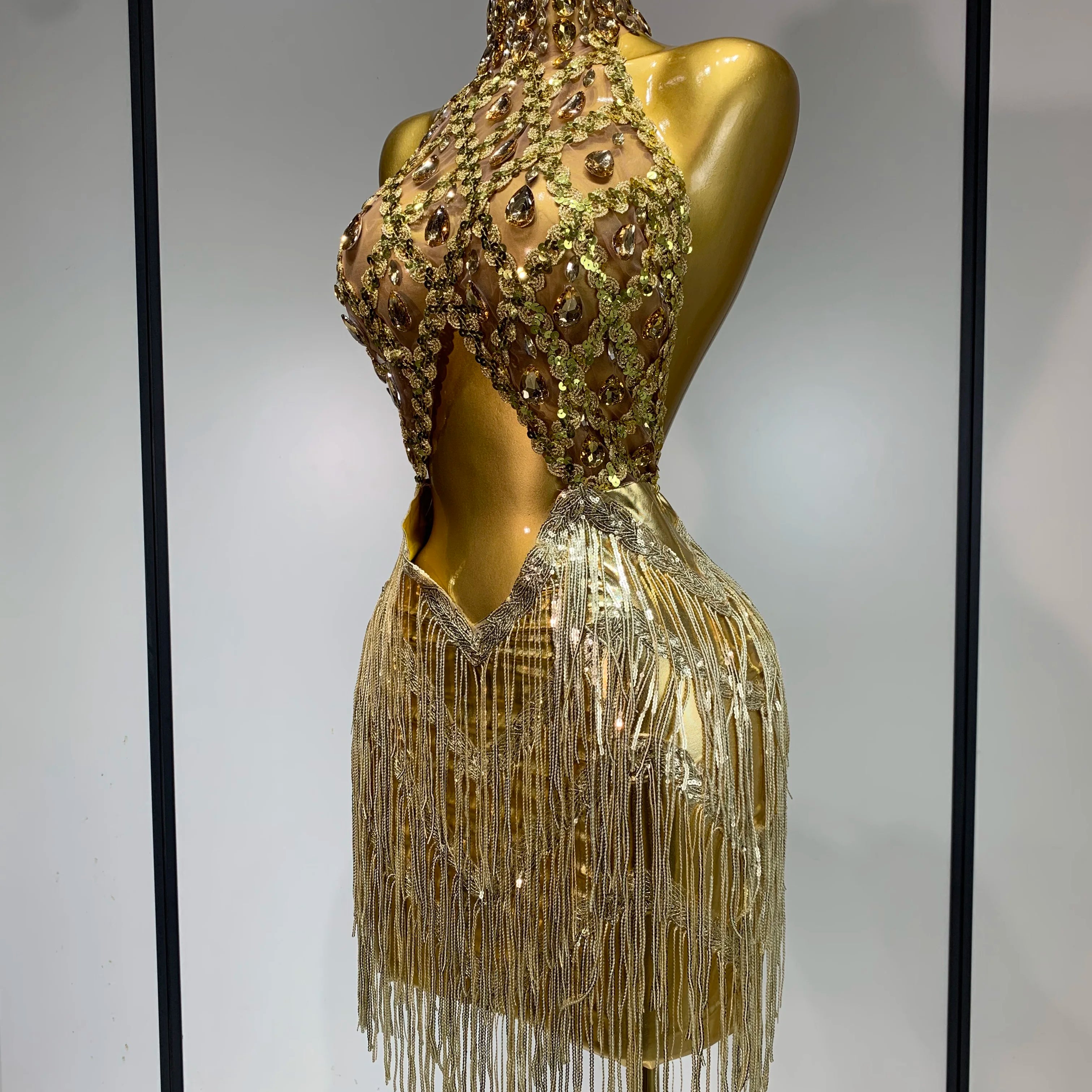 Women Birthday Party Rhinestones Tassels Transparent Short Dress Dance Show 2025 Sexy Fashion Gold Sparkly Stage Costume