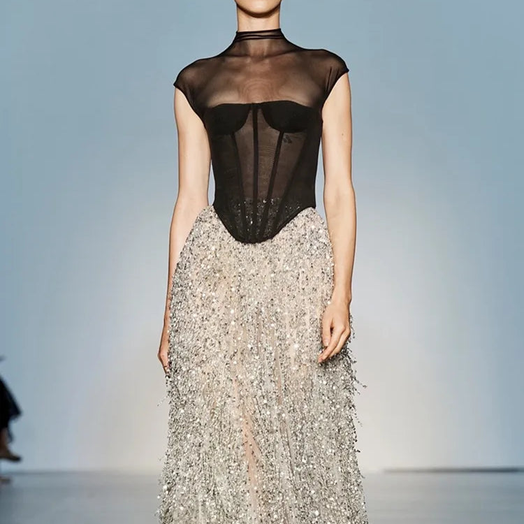 Conjunto de saia longa justa prateada, sexy, manga curta, malha, lantejoulas, para mulheres, celebridades, 2025, elegante, para festa à noite
