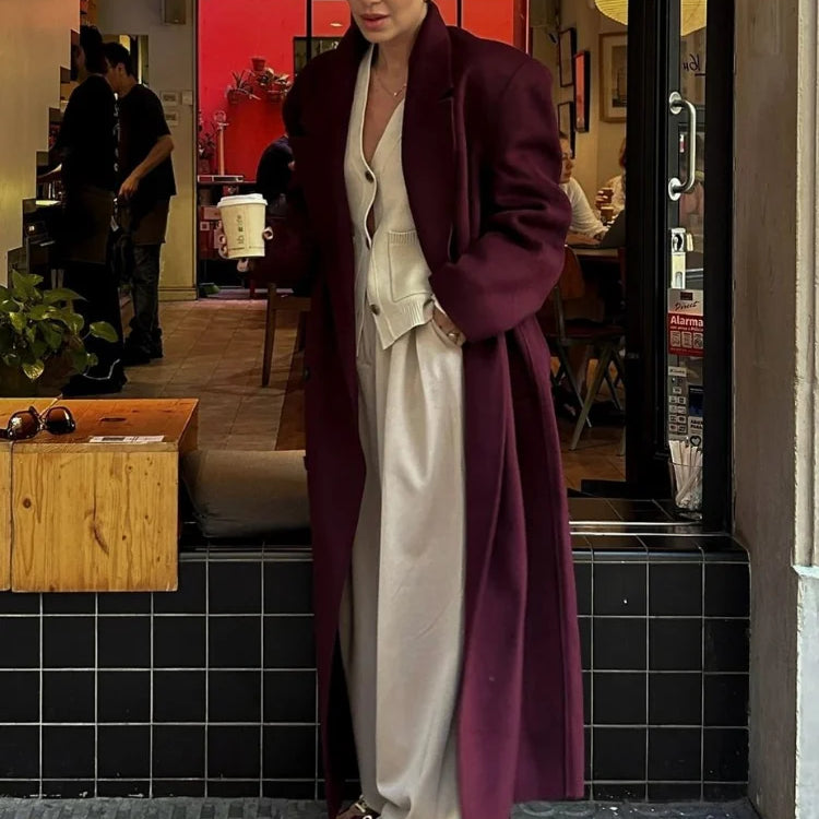 Fashion Burgundy Red Double Breasted Oversized Overcoat Women Casual Lapel Pockets Long Sleeve Coats Female High Streetwear