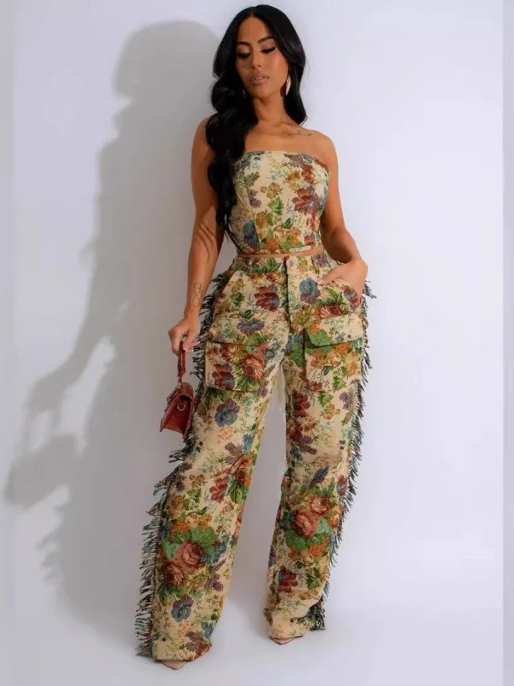 CM.YAYA Fashion Print Women's Set Strapless Top and Wide Leg tassel Pants Summer Cargo Street Two 2 Piece Set Outfit Tracksuit