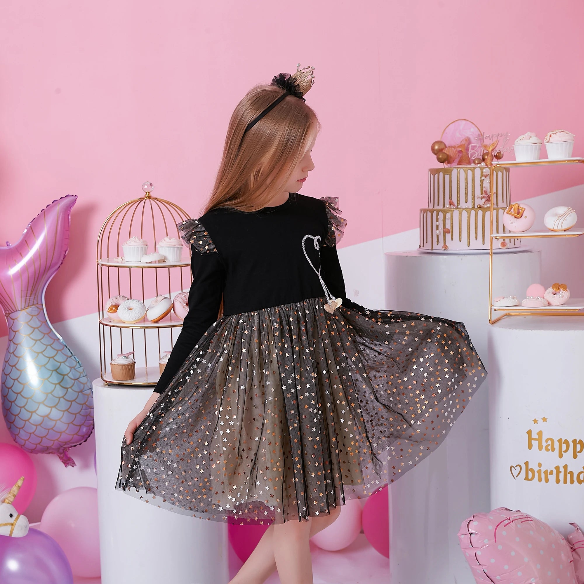 Girls Long Sleeves Dress Star Sequins Party Princess Dress Children Casual Clothing Daily Clothes Infantil Vestidos Gift