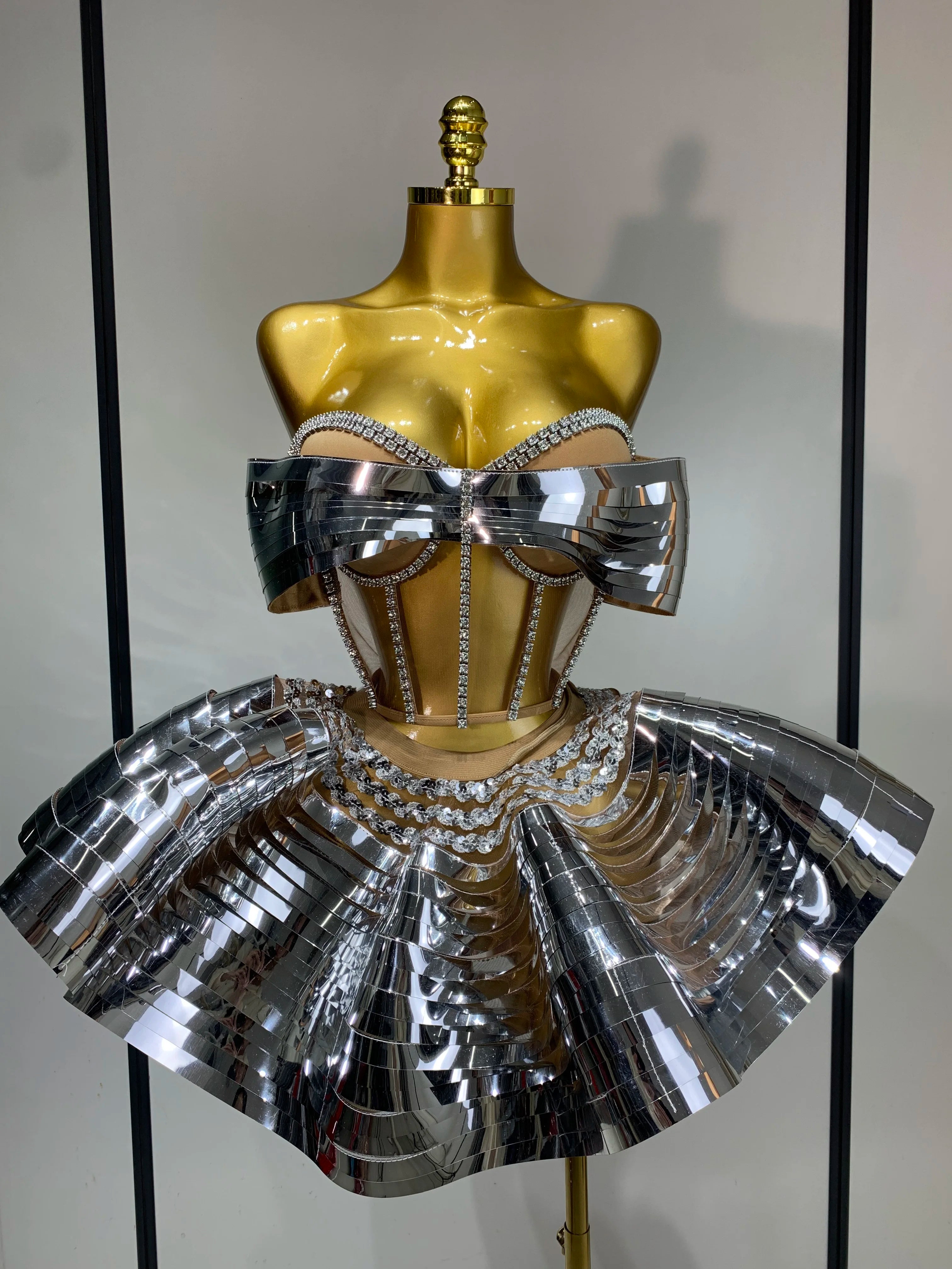 Women Stage Performance Costume Two Piece Set Silver Sequins Rhinestone Fancy Outfit Sexy Backless Shiny Birthday Party Dresses