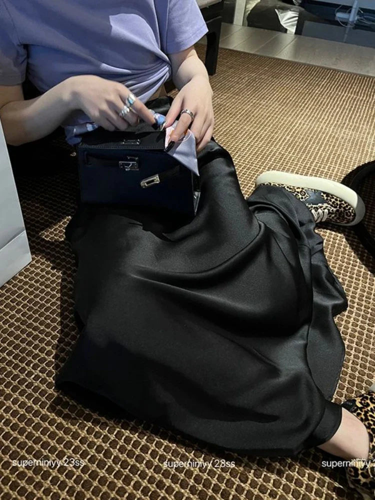 HOUZHOU Elegant Satin Skirt Summer Women Korean Fashion Solid High Waist Casual Long Skirts White Streetwear Office Lady