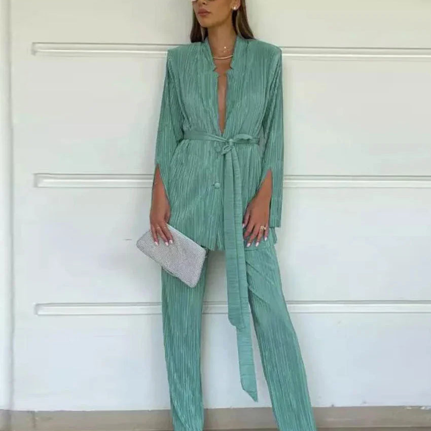 Clacive Autumn Green Pleated Pants Set Bodycon Slit Trosuer Suits Fashion Lace-Up Long Sleeve Blazer 2 Piece Sets Womens Outfits