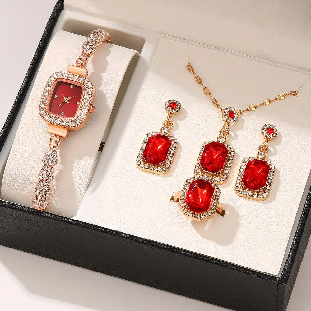 5PCS Set Luxury Square Watch Women Ring Necklace Earring Rhinestone Fashion Watch Casual Ladies Bracelet Watches Montre Femme