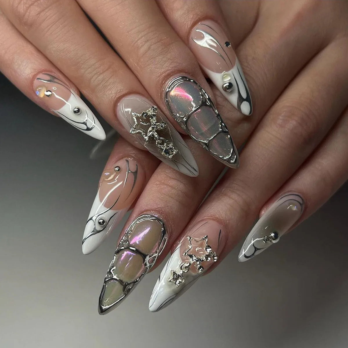 24pcs Long Coffin Gothic Press on Nails Sliver Star Flame Crocodile Print False Nail Wearable European Spicy Girl Fake Nails