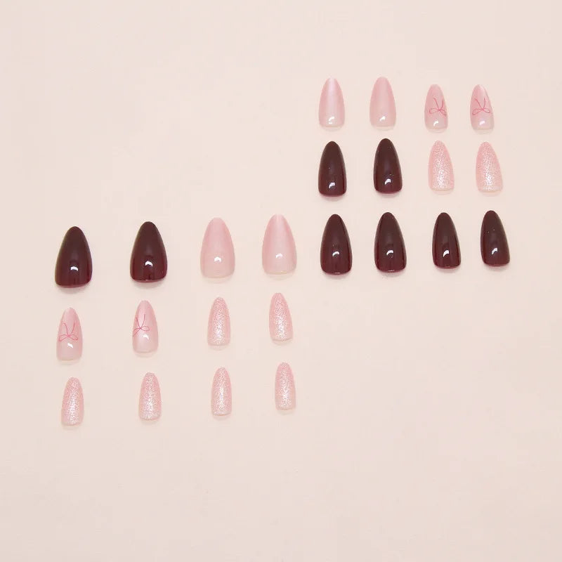 24pcs Cat's Eye Red Bow Press on Nails Almond French Fake Nails Full Cover Wearable False Nails