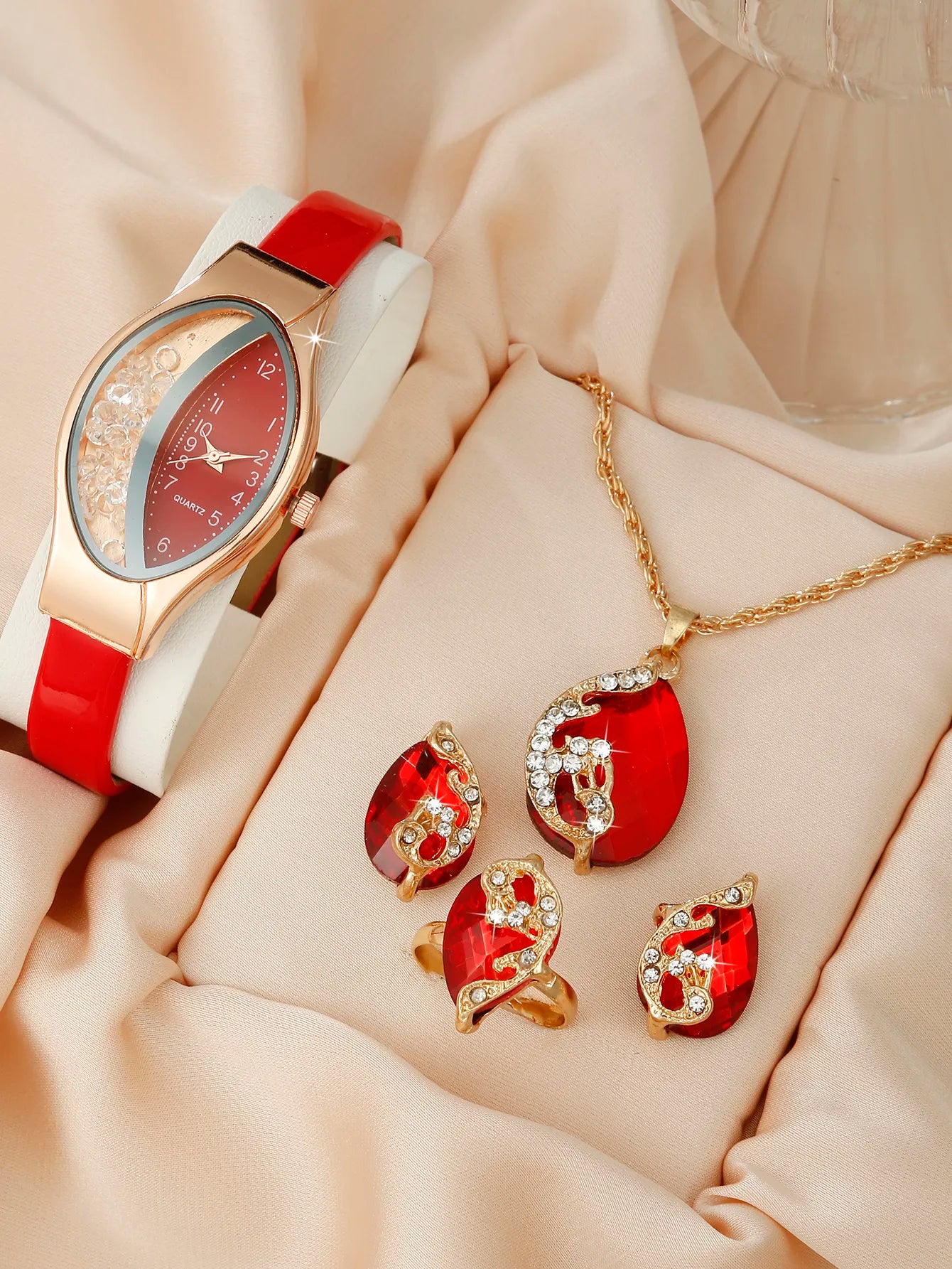 5pcs Set Watches Women Leather Band Ladies Watch Simple Casual Womens Analog WristWatch Bracelet Gift Montre Femme Pink