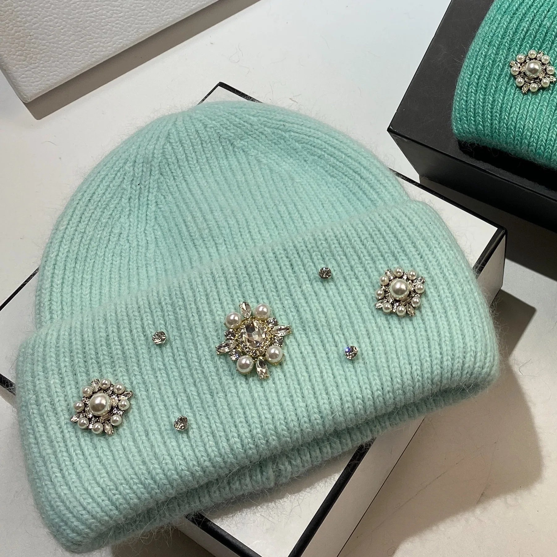 Real Rabbit Fur Winter Warm Knitted Hat Luxury Rhinestone Women's Wool Skullies Beanies Female Cold Hat Outdoor Skiing Cap Mint Green