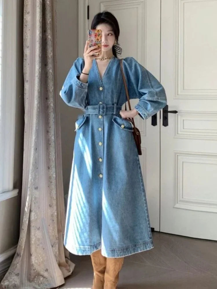 Dresses for Women Autumn V-Neck Temperament Cowboy Dresses LOOSE Solid Robe Korean Fashion Versatile A-line Long Dress