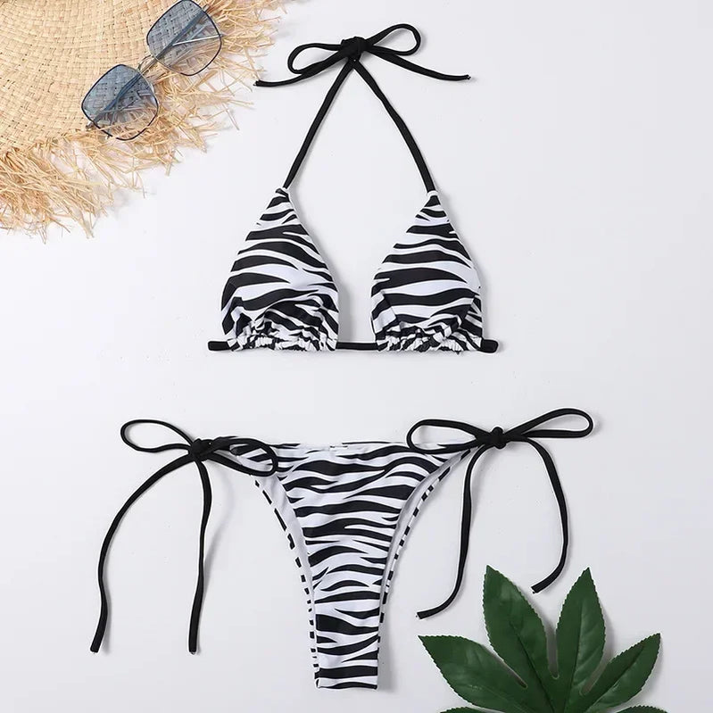 Fish Scales Shiny Halter Triangle Bikinis Set Swimwear Women Micro Thong Swimsuits Swimming Suit Biquinis Bikinis Mujer Swim zebra patten