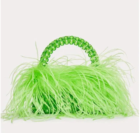 Pearl Bead Bag With Ostrich Feather Fur Designer Brand Clear Acrylic Crystal Stone Box Tote Handbag Women Handmade Party Purse green