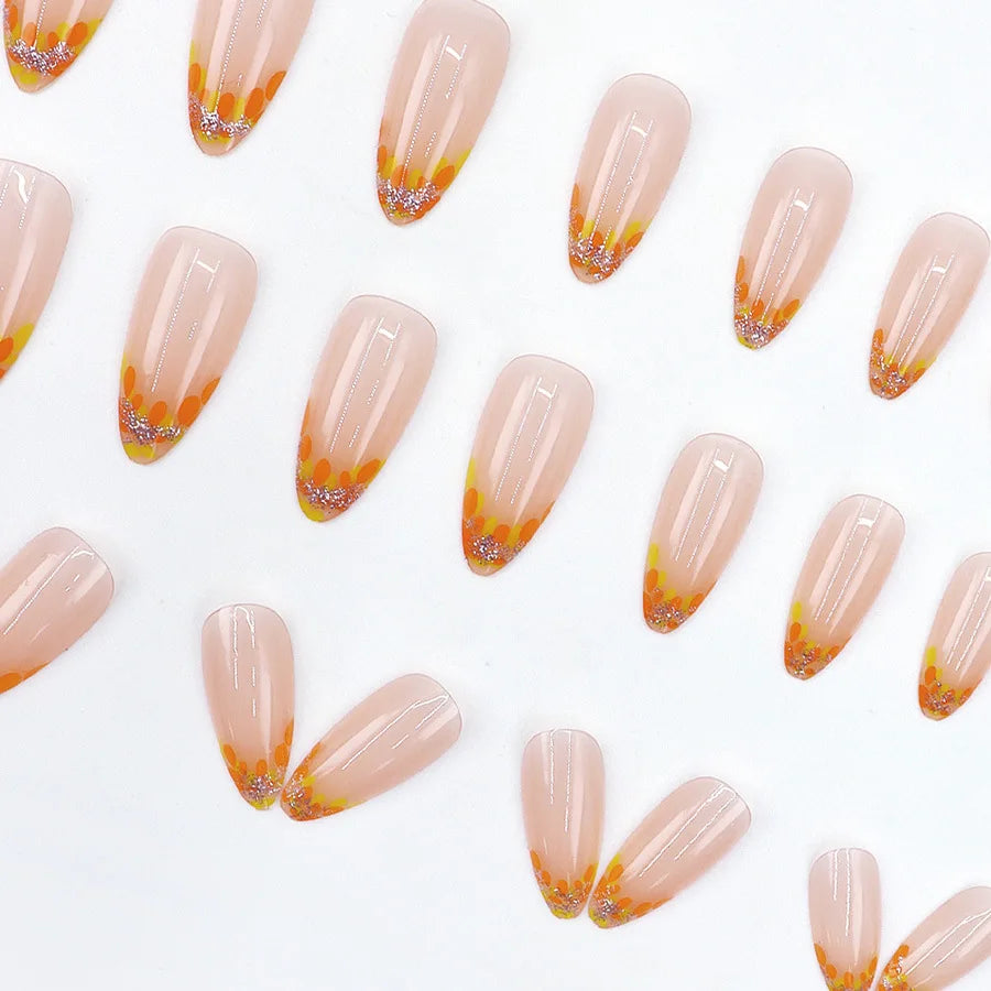 24pcs Autumn Leaf Glitter French Press on Nails Orange Almonds Fake Nails Full Cover Wearable False Nails