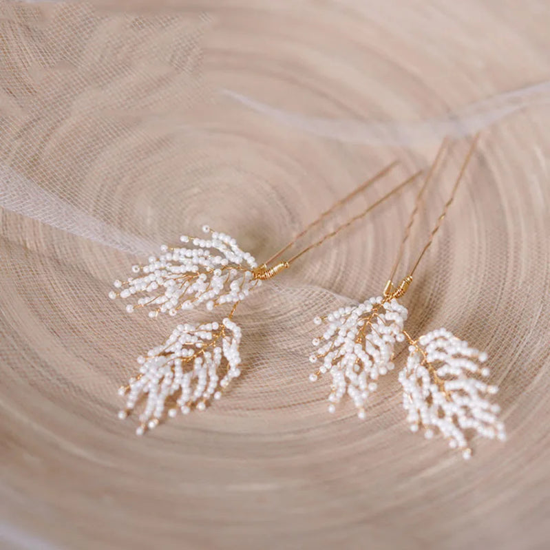 Fabric Floral Bridal Hair Pins Clips Gold Color Pearls Wedding Hair Pieces Women Accessories Handmade