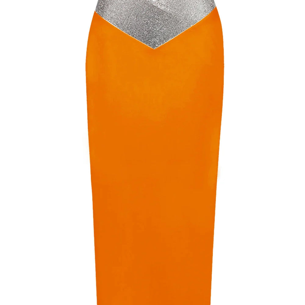 Saia midi bandagem justa branca e preta com cristais e diamantes, saia lápis de cintura alta para festa e boate, 77 cm
