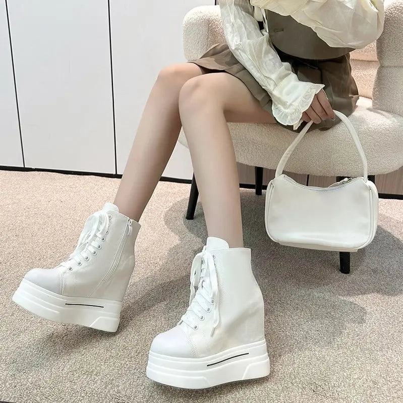 Fujin 14cm 2023 Denim Women Ankle Boots Platform Wedge Autumn Fashion Zip Super Hight Heel Women Fashion Lace Up Spring Shoes white