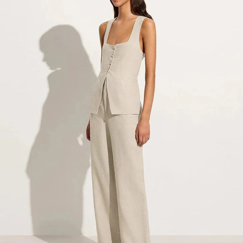Clacive Summer Slim Khaki Linen 2 Piece Sets Women Outfit Fashion Sleeveless Tank Top With High Waist Pants Set Female