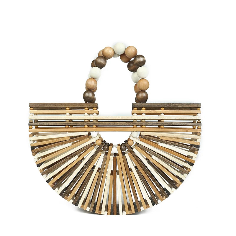 Fashion Summer Handmade Bamboo Handbag Fashion Wooden Bead Handle Women's Hollow Out Beach Bag Hand-woven Beach Travel Bag