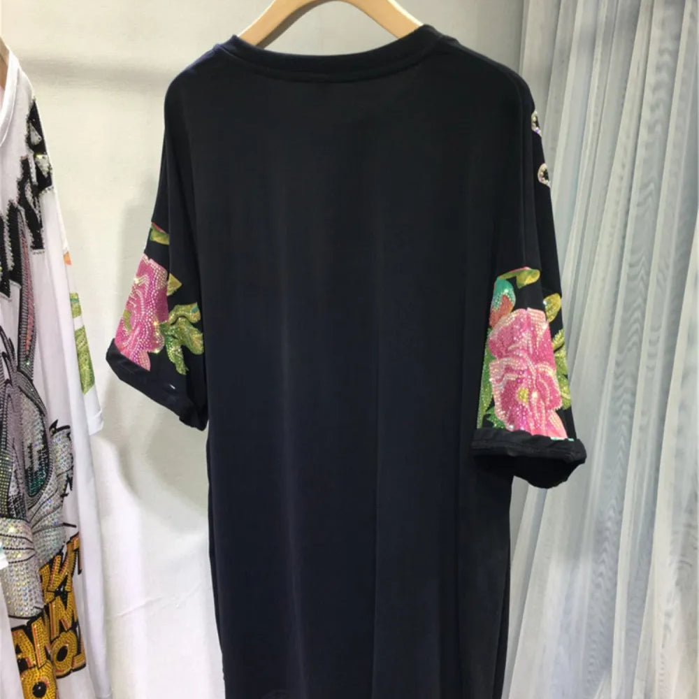 XL-4XL Plus Size Women Clothing Rhinestone Rabbit Cool Women's T-shirt Large Size Gothic Big Size Short Sleeve Tunic Tops 150KG